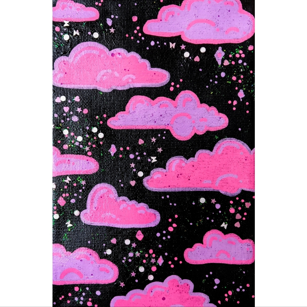 Original Art Purple Clouds Black Night 5"7" inch canvas One of the Kind Artwork